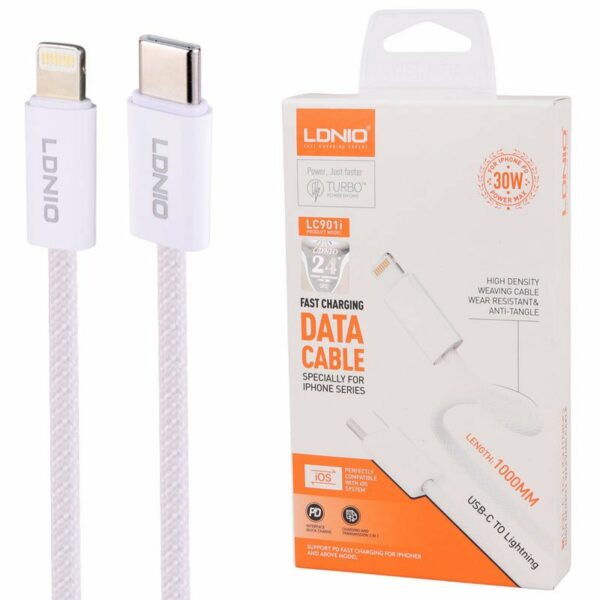 کابل شارژ تایپ سی به لایتنینگ LDNIO LC901i فست شارژ آیفون با روکش کنفی مقاوم